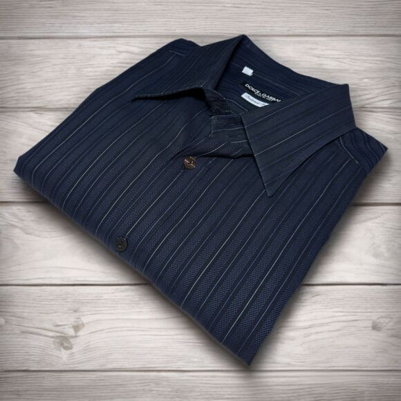 DOLCE & GABBANA Shirt Striped Blue Black Cotton Slim Fit Dress 43 / US17 / Large - Picture 3 of 13